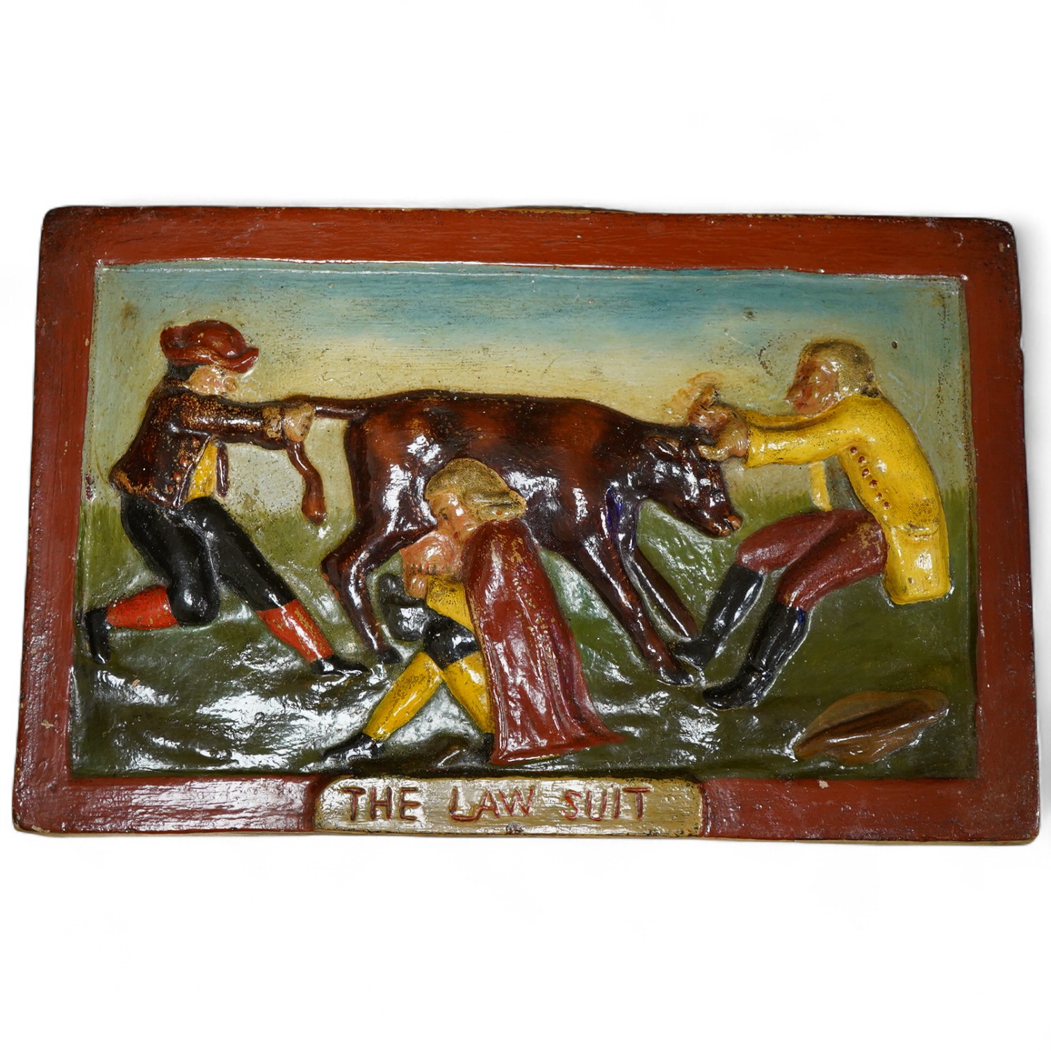 The Law Suit, a Scottish portobello terracotta plaque, 19 x 30cm